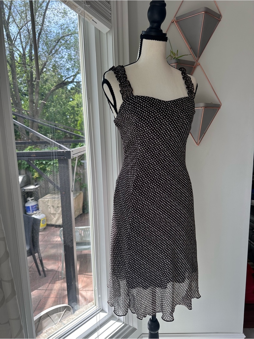 VINTAGE Mandee Bias Cut Brown Polka Dot Sleeveless Dress Lace Organza Size 4 - Picture 2 of 10